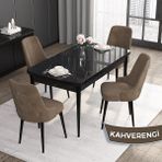 Canisa Concept Noa Serisi, 80 x 132 cm Açılabilir Mdf Masa Takımı,siyah Mermer Desen Masa 4 Sandalye Gümüş Halkalı - Kahverengi