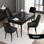 Canisa Concept Noa Serisi, 80 x 132 cm Açılabilir Mdf Masa Takımı,siyah Mermer Desen Masa 4 Sandalye Gümüş Halkalı