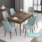 Canisa Concept Noa Serisi, 80 x 132 cm Mdf Masa Takımı, Barok Ahşap Desen Masa 6 Sandalye, Gümüş Halkalı - Su Yeşili