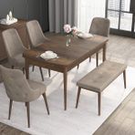 Canisa Concept Noa Serisi, 80X132 Açılabilir Benchli Barok Ahşap Desen Mutfak Masa Takımı, 4 Sandalye 1 Bench - Cappuccino