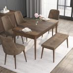 Canisa Concept Noa Serisi, 80X132 Açılabilir Benchli Barok Ahşap Desen Mutfak Masa Takımı, 4 Sandalye 1 Bench - Kahverengi