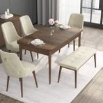 Canisa Concept Noa Serisi, 80X132 Açılabilir Benchli Barok Ahşap Desen Mutfak Masa Takımı, 4 Sandalye 1 Bench - Krem