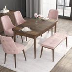 Canisa Concept Noa Serisi, 80X132 Açılabilir Benchli Barok Ahşap Desen Mutfak Masa Takımı, 4 Sandalye 1 Bench - Pembe