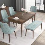 Canisa Concept Noa Serisi, 80X132 Açılabilir Benchli Barok Ahşap Desen Mutfak Masa Takımı, 4 Sandalye 1 Bench - Su Yeşili