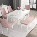 Canisa Concept Noa Serisi, 80X132 Açılabilir Benchli Mdf Beyaz Mutfak Masa Takımı, 4 Sandalye 1 Bench - Pembe
