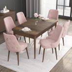 Canisa Concept Noa Serisi, 80X132 Açılabilir Mdf Masa, Barok Ahşap Desenli Mutfak Masa Takımı, 6 Sandalye - Pembe