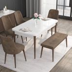 Canisa Concept Noa Serisi, 80X132 Açılabilir Mdf Masa, Beyaz Masa Ceviz Ayak Masa Takımı, 4 Sandalye 1 Bench - Kahverengi