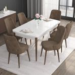 Canisa Concept Noa Serisi, 80X132 Açılabilir Mdf Masa, Beyaz Masa Ceviz Ayak Masa Takımı, 6 Sandalye - Kahverengi
