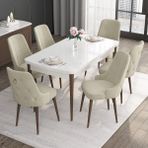 Canisa Concept Noa Serisi, 80X132 Açılabilir Mdf Masa, Beyaz Masa Ceviz Ayak Masa Takımı, 6 Sandalye - Krem