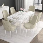 Canisa Concept Noa Serisi, 80X132 Açılabilir Mdf Masa, Beyaz Mermer Desen Mutfak Masa Takımı, 6 Sandalye - Krem