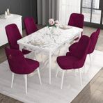 Canisa Concept Noa Serisi, 80X132 Açılabilir Mdf Masa, Beyaz Mermer Desen Mutfak Masa Takımı, 6 Sandalye - Mürdüm