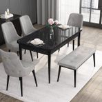 Canisa Concept Noa Serisi, 80X132 Benchli Açılabilir Mdf Siyah Mermer Desen Mutfak Masası Takımı 4 Sandalye 1 Bench - Gri