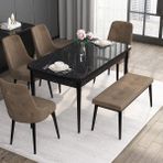 Canisa Concept Noa Serisi, 80X132 Benchli Açılabilir Mdf Siyah Mermer Desen Mutfak Masası Takımı 4 Sandalye 1 Bench - Kahverengi