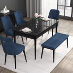 Canisa Concept Noa Serisi, 80X132 Benchli Açılabilir Mdf Siyah Mermer Desen Mutfak Masası Takımı 4 Sandalye 1 Bench - Lacivert