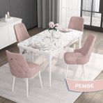 Canisa Concept Noa Serisi,80 x 132 cm Açılabilir Mdf Masa,beyaz Mermer Desen Mutfak Masa Takımı, 4 Sandalye Gümüş Halkalı - Pembe