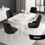 Canisa Concept Noa Serisi,80 x 132 cm Açılabilir Mdf Masa,beyaz Mermer Desen Mutfak Masa Takımı, 4 Sandalye Gümüş Halkalı - Siyah