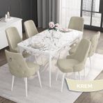 Canisa Concept Noa Serisi,80 x 132 cm Açılabilir Mdf Masa,beyaz Mermer Desen Mutfak Masa Takımı, 6 Sandalye Gümüş Halkalı - Krem