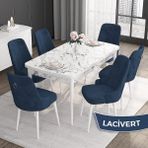Canisa Concept Noa Serisi,80 x 132 cm Açılabilir Mdf Masa,beyaz Mermer Desen Mutfak Masa Takımı, 6 Sandalye Gümüş Halkalı - Lacivert