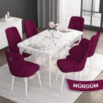 Canisa Concept Noa Serisi,80 x 132 cm Açılabilir Mdf Masa,beyaz Mermer Desen Mutfak Masa Takımı, 6 Sandalye Gümüş Halkalı - Mürdüm