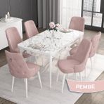 Canisa Concept Noa Serisi,80 x 132 cm Açılabilir Mdf Masa,beyaz Mermer Desen Mutfak Masa Takımı, 6 Sandalye Gümüş Halkalı - Pembe