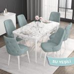 Canisa Concept Noa Serisi,80 x 132 cm Açılabilir Mdf Masa,beyaz Mermer Desen Mutfak Masa Takımı, 6 Sandalye Gümüş Halkalı - Su Yeşili