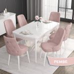Canisa Concept Noa Serisi,80 x 132 cm Açılabilir Mdf Masa,beyaz Mutfak Masa Takımı,6 Sandalye Gümüş Halkalı - Pembe