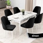 Canisa Concept Orf Serisi 80X132 Açılabilir Beyaz Mermer Desen Mutfak Masası Takımı ve 6 Sandalye - Siyah