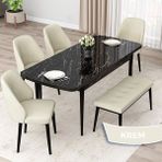 Canisa Concept Orf Serisi 80X132 Açılabilir Siyah Mermer Desen Mutfak Masası Takımı 4 Sandalye ve 1 Bench - Krem