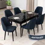 Canisa Concept Orf Serisi 80X132 Açılabilir Siyah Mermer Desen Mutfak Masası Takımı ve 6 Sandalye - Antrasit