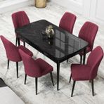 Canisa Concept Par Serisi 70X114, Açılabilir Mdf Mutfak Masa Takımı, Siyah Mermer Desen Masa ve 6 Sandalye - Bordo