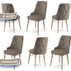 Canisa Concept Pare Serisi Babyface Ithal Kumaş 6 Sandalye Doğal Ahşap Ayak Gold Halkalı - Cappuccino - Doğal Ahşap Beyaz Kafes