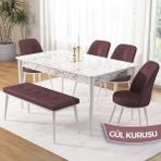 Canisa Concept Pir Serisi 80X130 Sabit Beyaz Mermer Desen Mutfak Masa Takımı ve 4 Sandalye 1 Bench - Gülkurusu