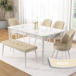Canisa Concept Pir Serisi 80X130 Sabit Beyaz Mermer Desen Mutfak Masa Takımı ve 4 Sandalye 1 Bench - Krem