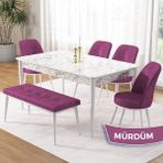 Canisa Concept Pir Serisi 80X130 Sabit Beyaz Mermer Desen Mutfak Masa Takımı ve 4 Sandalye 1 Bench - Mor