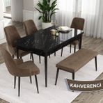 Canisa Concept Ram Serisi 80 x 132 cm Mutfak Masa Takımı Siyah Mermer Desen Masa 4 Sandalye ve 1 Bench - 80x132 - Kahverengi