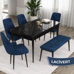Canisa Concept Ram Serisi 80 x 132 cm Mutfak Masa Takımı Siyah Mermer Desen Masa 4 Sandalye ve 1 Bench - 80x132 - Lacivert