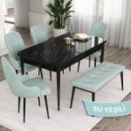 Canisa Concept Ram Serisi 80 x 132 cm Mutfak Masa Takımı Siyah Mermer Desen Masa 4 Sandalye ve 1 Bench - 80x132 - Su Yeşili