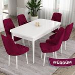 Canisa Concept Ram Serisi, 80X132 Açılabilir Beyaz Yemek Masası Takımı, 6 Babyface Kumaş Sandalye - 80 x 132 cm - Mürdüm