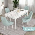 Canisa Concept Ram Serisi, 80X132 Açılabilir Yemek Masası Takımı, Beyaz Mermer Desen Masa 4 Babyface Kumaş Sandalye - 80 x 132 cm - Su Yeşili