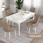 Canisa Concept Ram Serisi 80X132 Açılabilir Yemek Masası Takımı Beyaz Mermer Desen Masa 4 Babyface Kumaş Sandalye - Cappucino