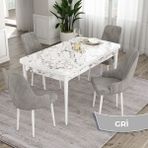Canisa Concept Ram Serisi 80X132 Açılabilir Yemek Masası Takımı Beyaz Mermer Desen Masa 4 Babyface Kumaş Sandalye - Gri