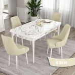 Canisa Concept Ram Serisi 80X132 Açılabilir Yemek Masası Takımı Beyaz Mermer Desen Masa 4 Babyface Kumaş Sandalye - Krem