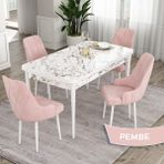 Canisa Concept Ram Serisi 80X132 Açılabilir Yemek Masası Takımı Beyaz Mermer Desen Masa 4 Babyface Kumaş Sandalye - Pembe
