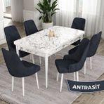 Canisa Concept Ram Serisi, 80X132 Açılabilir Yemek Masası Takımı, Beyaz Mermer Desen Masa, 6 Babyface Kumaş Sandalye - 80 x 132 cm - Antrasit