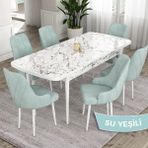 Canisa Concept Ram Serisi, 80X132 Açılabilir Yemek Masası Takımı, Beyaz Mermer Desen Masa, 6 Babyface Kumaş Sandalye - 80 x 132 cm - Su Yeşili