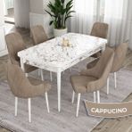 Canisa Concept Ram Serisi 80X132 Açılabilir Yemek Masası Takımı Beyaz Mermer Desen Masa 6 Babyface Kumaş Sandalye - Cappucino