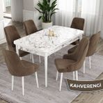 Canisa Concept Ram Serisi 80X132 Açılabilir Yemek Masası Takımı Beyaz Mermer Desen Masa 6 Babyface Kumaş Sandalye - Kahverengi
