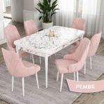 Canisa Concept Ram Serisi 80X132 Açılabilir Yemek Masası Takımı Beyaz Mermer Desen Masa 6 Babyface Kumaş Sandalye - Pembe