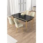 Canisa Concept Rewa Serisi 70X110 Sabit Siyah Mermer Desen Gold Detay Masa Takımı Ve 4 Krem Sandalye