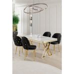 Canisa Concept Rigel Serisi 80X130 Lak Panel Beyaz Mermer Desen Masa Takımı Gold Ayaklı 4 Siyah Sandalye